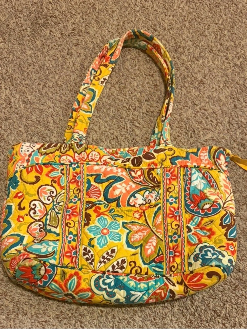 Vera Bradley Yellow Floral Quilted Tote with Teal, Red, Pink and Brown Accents